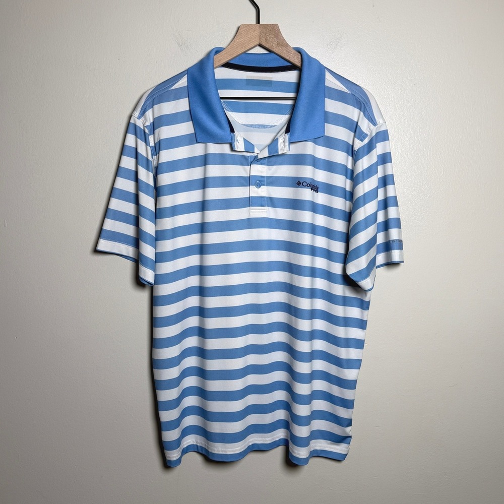 Columbia Mens Polo XL Blue Striped PFG Performance Short Sleeve Fishing Outdoors